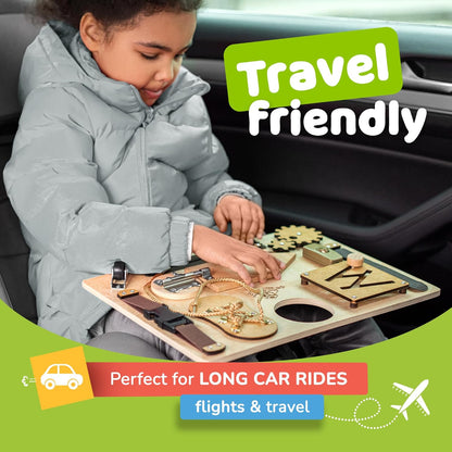 Busy Board Montessori Toys for Toddlers, Sensory Wooden Toy with 10 Educational Activities to Develop Fine Motor Skills, Plane and Car Travel Toy for Toddlers Boys and Girls