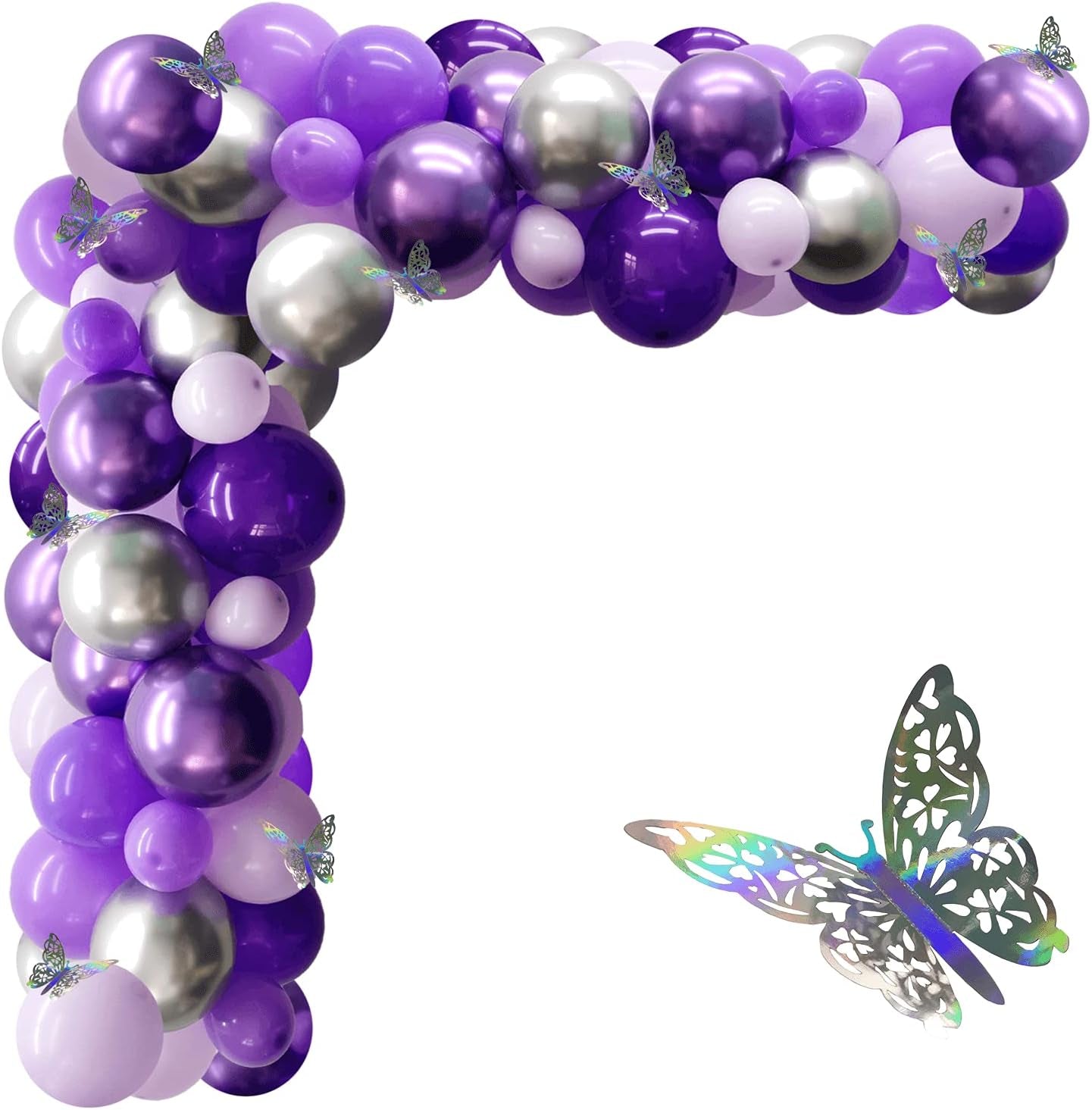 132Pcs Purple and Silver Balloons, Purple and Silver Balloon Garland Kit with Silver Butterfly, Metallic Purple Balloons Purple Balloon Garland Kit for Baby Shower Wedding Birthday