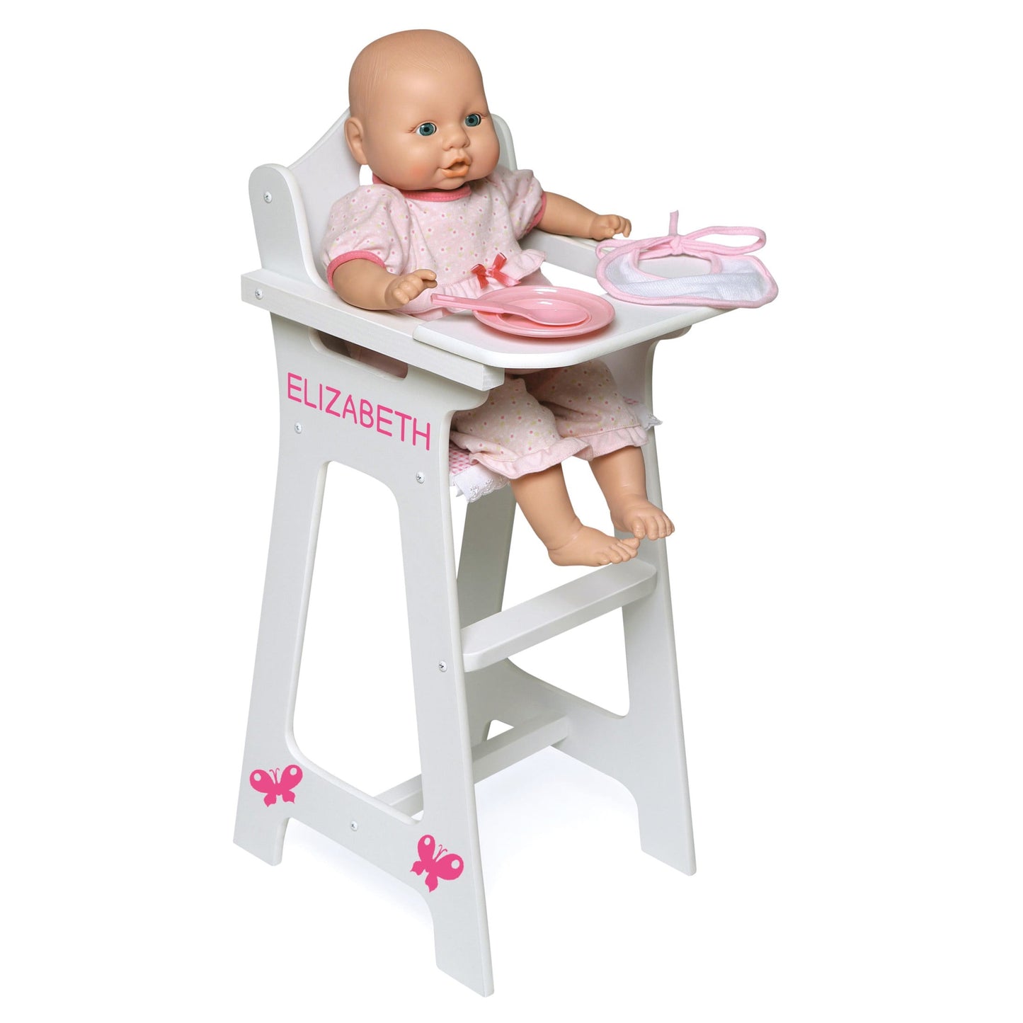 Doll High Chair with Accessories and Free Personalization Kit - White/Pink/Gingham