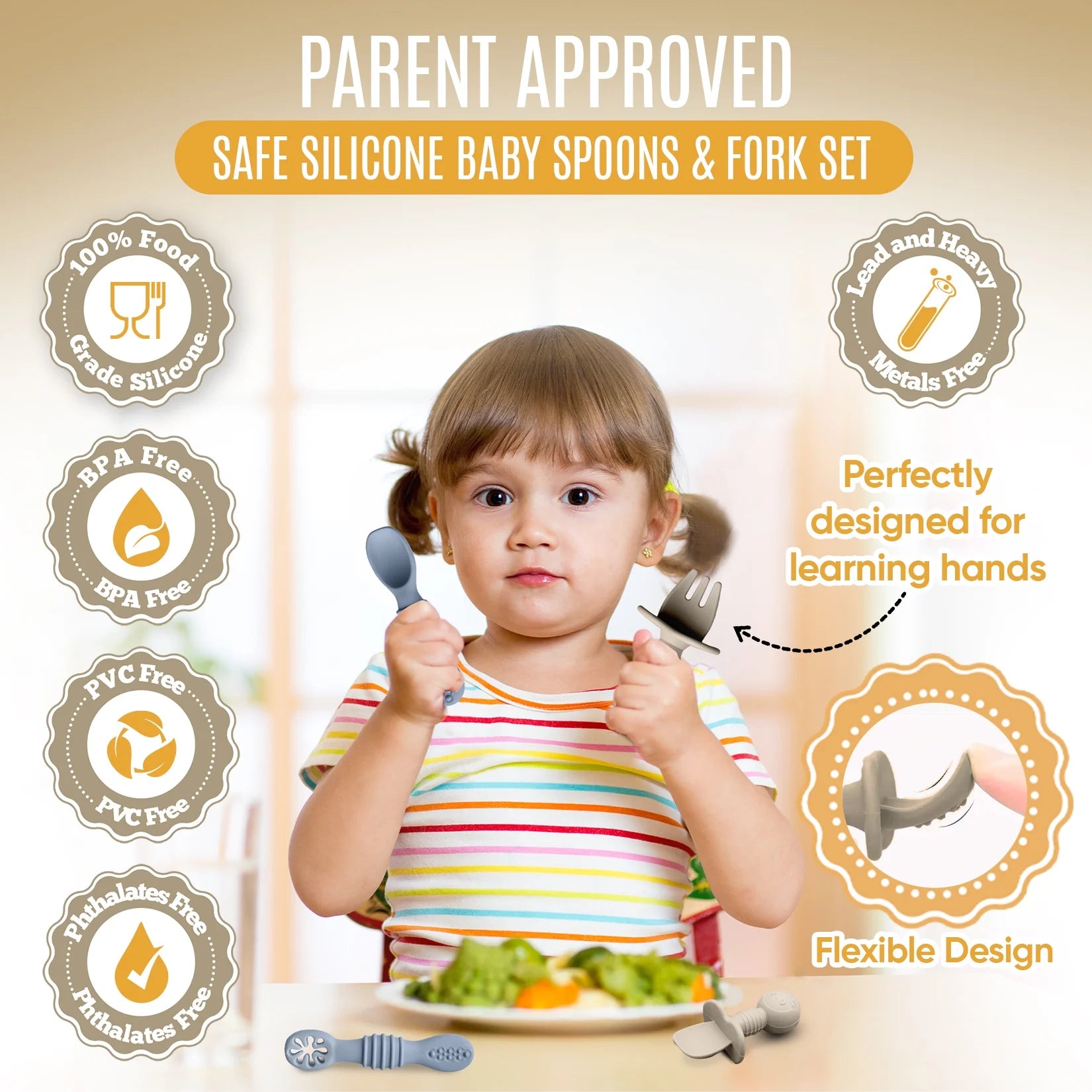 4Pc Baby Led Weaning Set, Baby Feeding Utensils, Toddler Cutlery Set, BPA Free Silicone, Dishwasher and Microwave Safe (Gray/Beige)