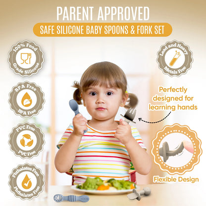 4Pc Baby Led Weaning Set, Baby Feeding Utensils, Toddler Cutlery Set, BPA Free Silicone, Dishwasher and Microwave Safe (Gray/Beige)