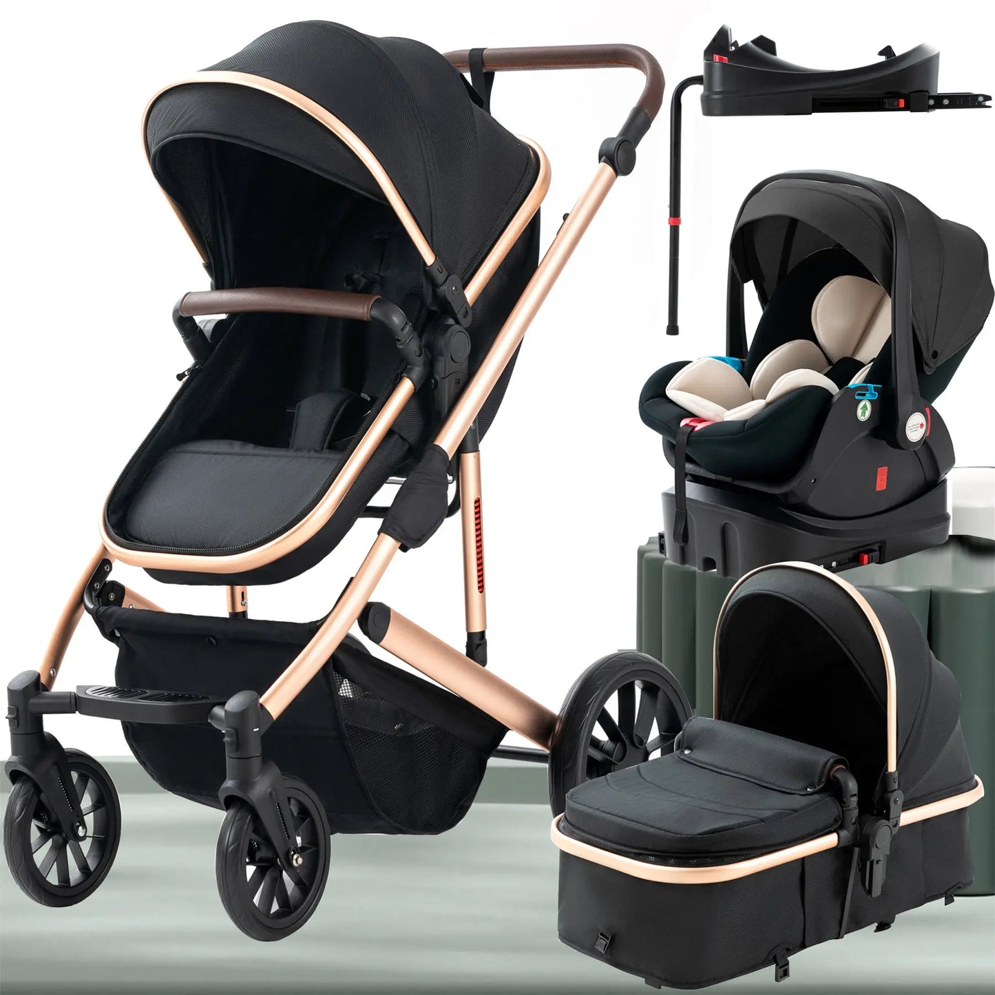 3 in 1 Baby Stroller,Baby Travel System,Baby Carriage 3In1 with Isofix Base,Foldable Newborn Pram,Reversible Standard Stroller