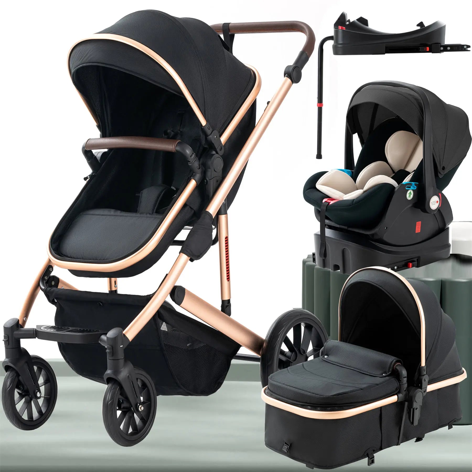 3 in 1 Baby Stroller,Baby Travel System,Baby Carriage 3In1 with Isofix Base,Foldable Newborn Pram,Reversible Standard Stroller