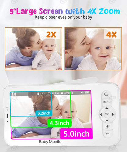 HD Wifi Baby Monitor with App,5-Inch 720P Display,Pan Tilt Zoom 1080P Baby Camera,Night Vision,2-Way Talk,3000Mah Battery,1000Ft