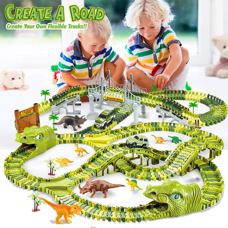 Dinosaur World Track Racing Track Toy Set Dinosaur Railway Toy Car Educational Bend Flexible Race Track Flash Light Car Toys Boy