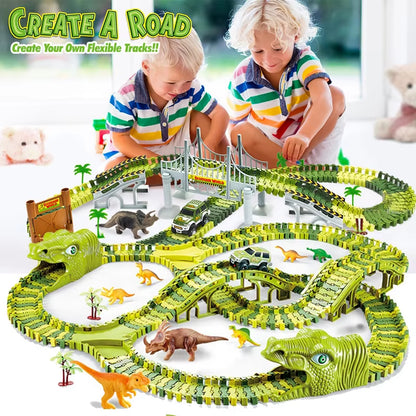 Dinosaur World Track Racing Track Toy Set Dinosaur Railway Toy Car Educational Bend Flexible Race Track Flash Light Car Toys Boy