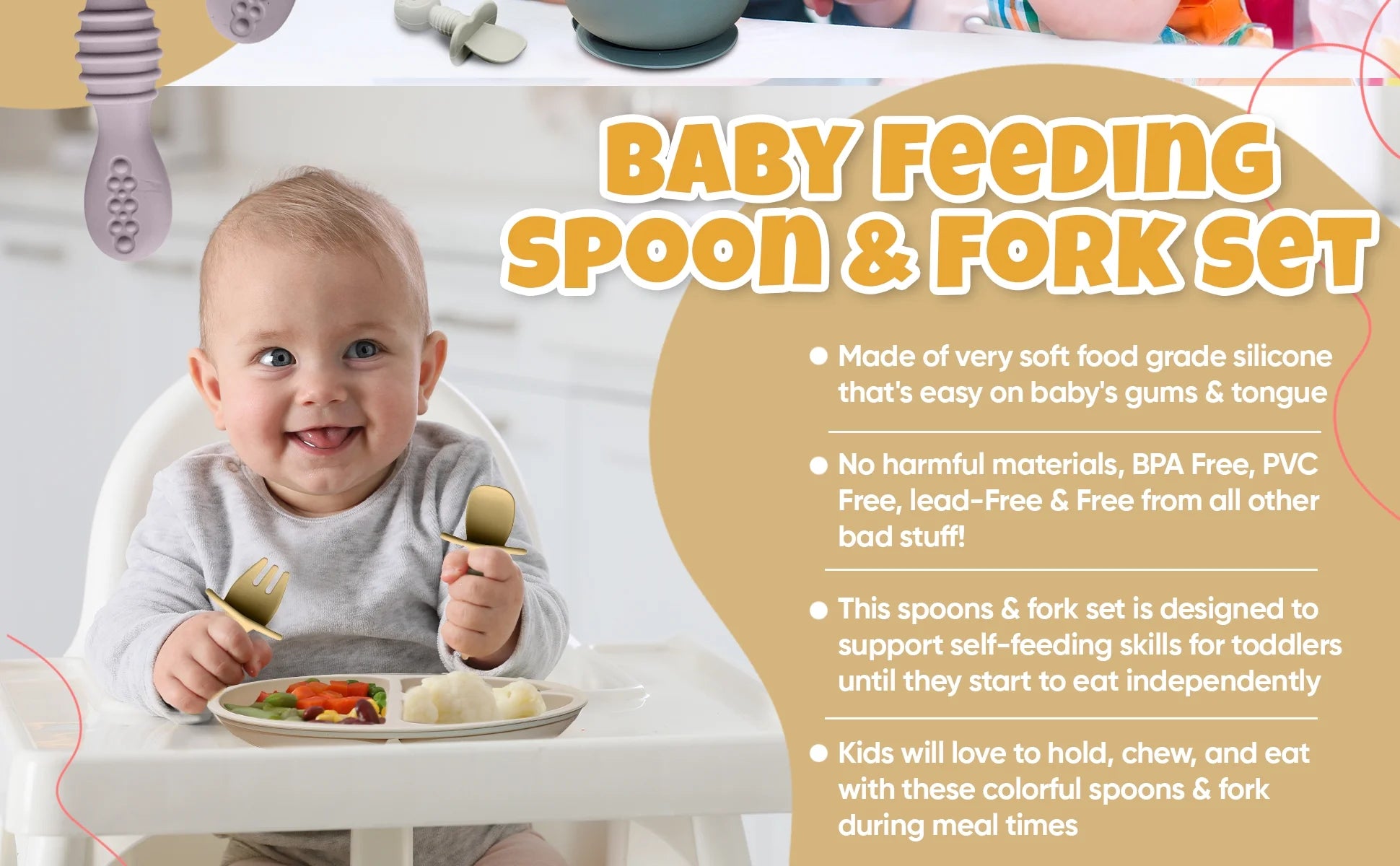 4Pc Baby Led Weaning Set, Baby Feeding Utensils, Toddler Cutlery Set, BPA Free Silicone, Dishwasher and Microwave Safe (Gray/Beige)