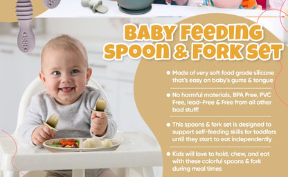 4Pc Baby Led Weaning Set, Baby Feeding Utensils, Toddler Cutlery Set, BPA Free Silicone, Dishwasher and Microwave Safe (Gray/Beige)