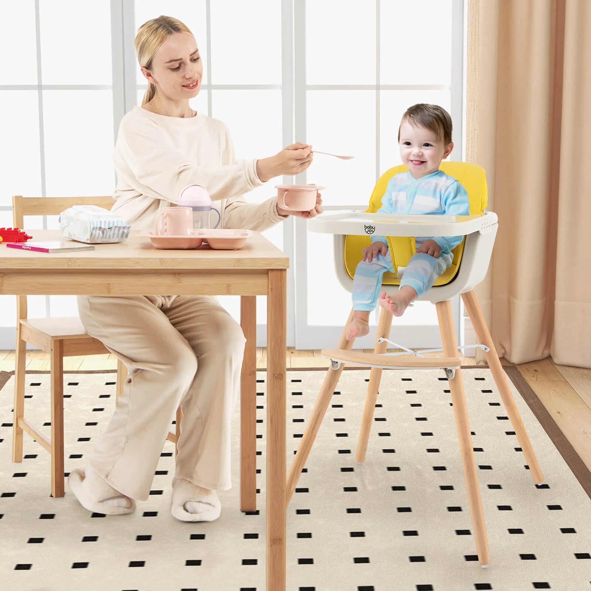 Babyjoy 3 in 1 Convertible Wooden High Chair Toddler Feeding Chair with Cushion Yellow