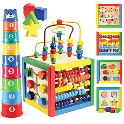 Childrens Learning Toys Wooden Activity Cube Bead Maze Tacking Cup Baby Fun Toy