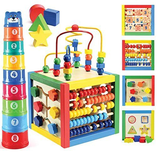 Childrens Learning Toys Wooden Activity Cube Bead Maze Tacking Cup Baby Fun Toy