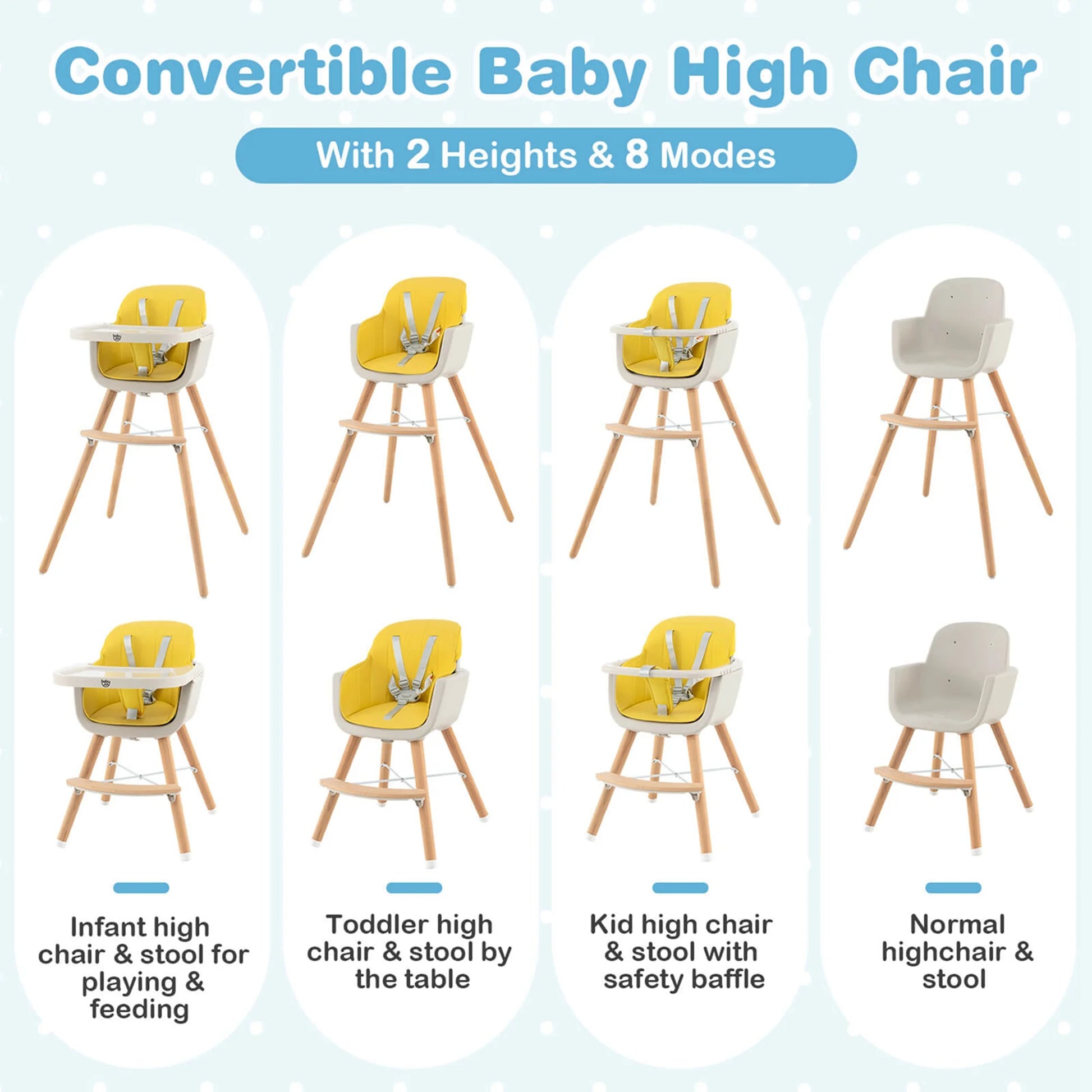 Babyjoy 3 in 1 Convertible Wooden High Chair Toddler Feeding Chair with Cushion Yellow