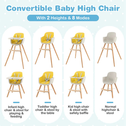 Babyjoy 3 in 1 Convertible Wooden High Chair Toddler Feeding Chair with Cushion Yellow