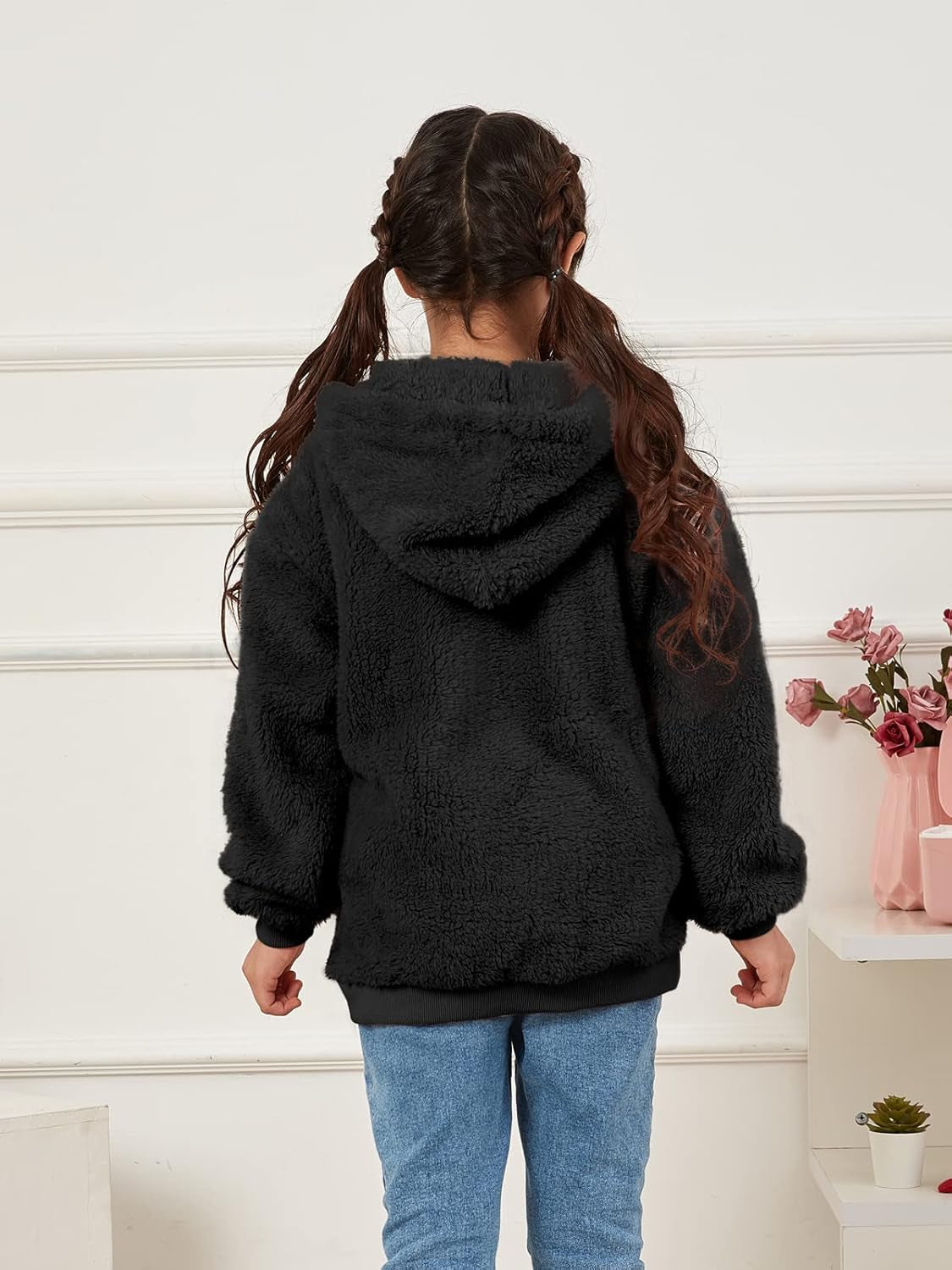 Kids Girl'S Fuzzy Hoodies Zipper Warm Loose Sherpa Hooded Sweatshirt Pullover with Pockets