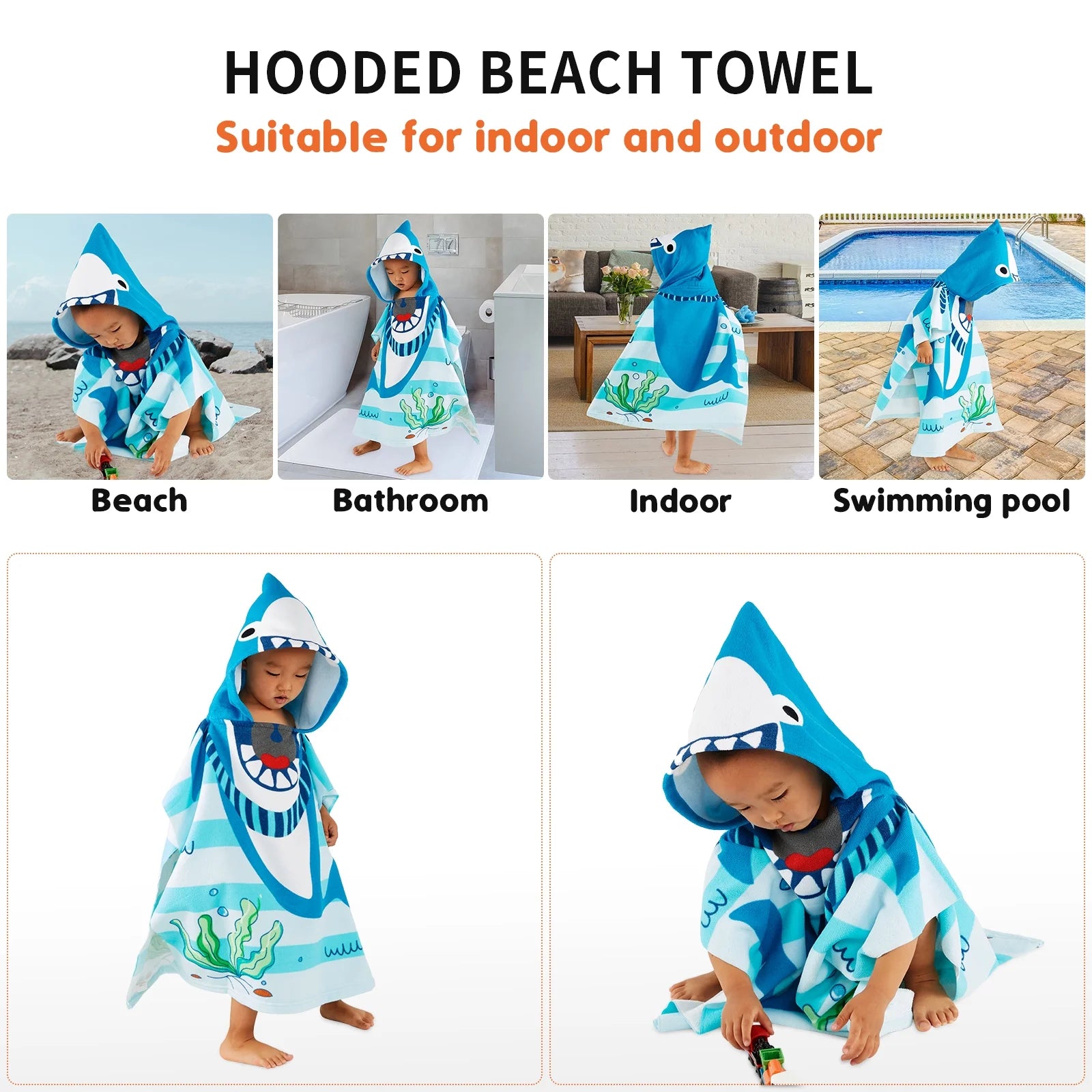 Baby Kids Bath and Beach Hooded Towel Wrap, 24" X 48", Light Blue Shark