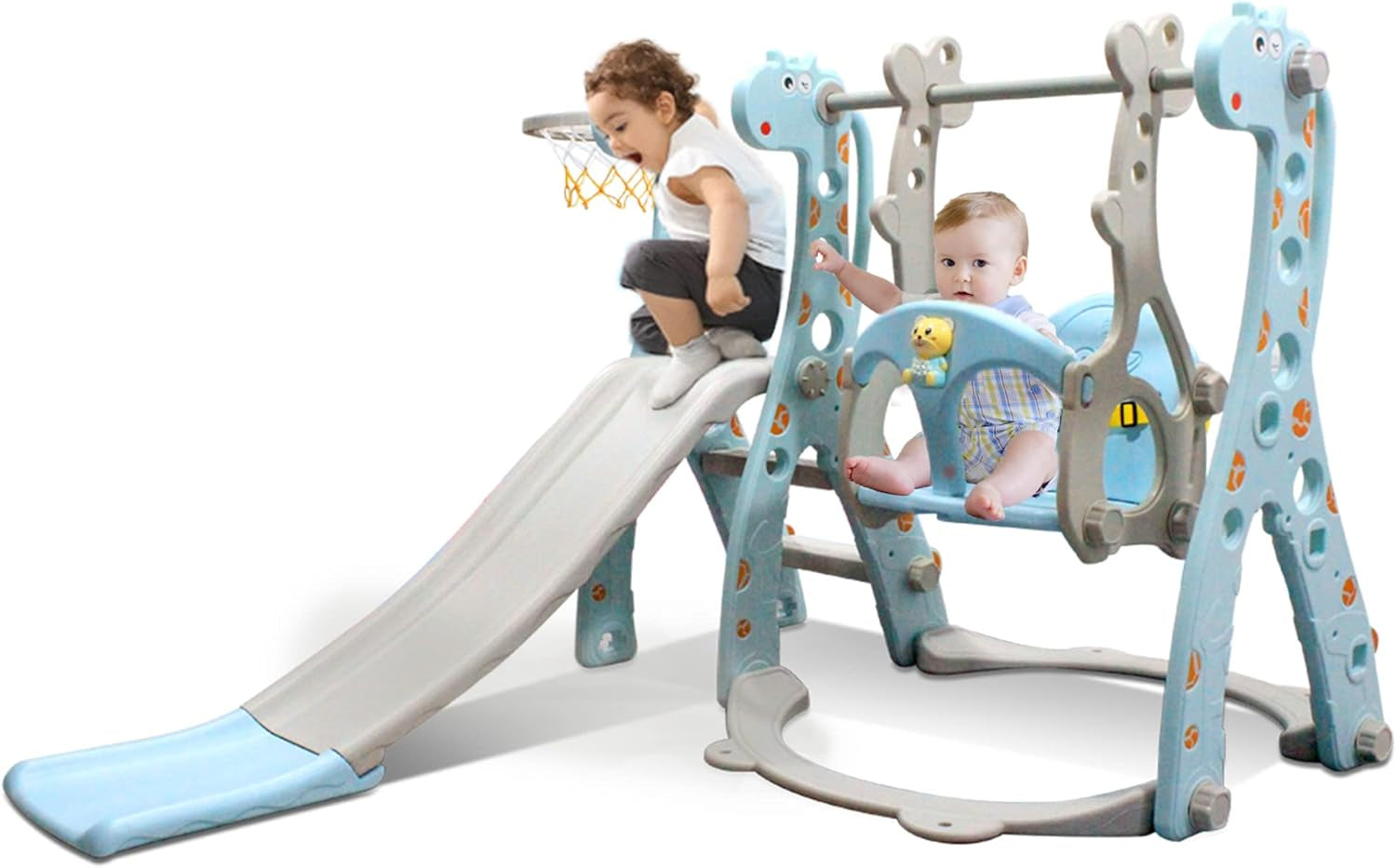 4 in 1 Toddler Slide, Swing and Slide for Toddlers Age 1-3 with Basketball Hoop and Story Music Machine, for Indoor Outdoor Backyard Toddler Playground Climbing Theme Baby Slide Toy(Blue)