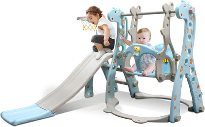 4 in 1 Toddler Slide, Swing and Slide for Toddlers Age 1-3 with Basketball Hoop and Story Music Machine, for Indoor Outdoor Backyard Toddler Playground Climbing Theme Baby Slide Toy(Blue)