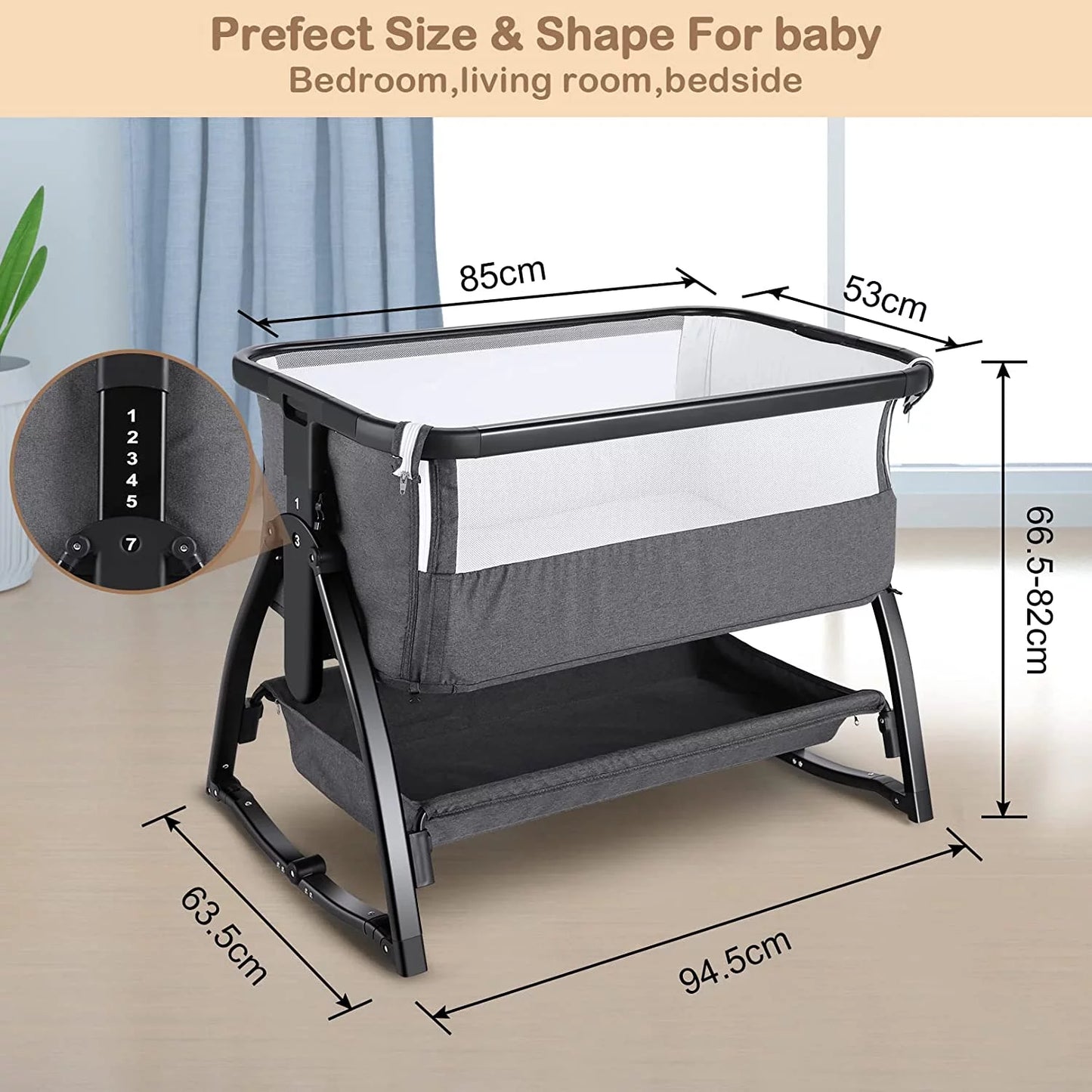 Adnoom Baby Bassinet Bedside Sleeper, Baby Bed to Babies Cradle, Adjustable 7-Level Height Portable Bed for Newborn/ Infant/ Baby Boy/ Baby Girl (Light Gray)