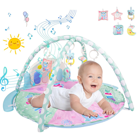 Baby Play Mat, 5 in 1 Thick Large Baby Gyms Play Mats Musical Activity Center, Play Piano Gym Tummy Time for Newborn Toddler and Infants, Blue and Pink