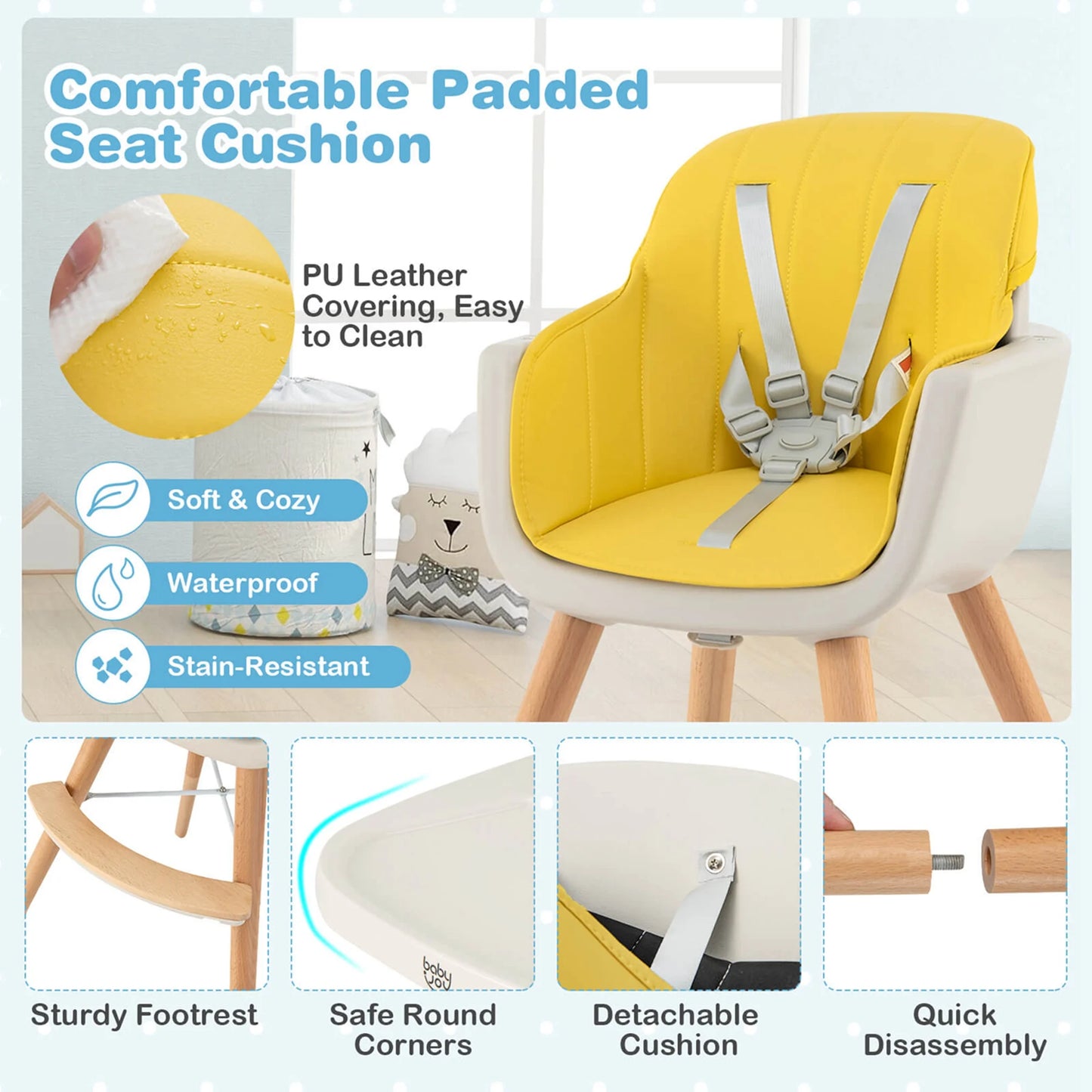 Babyjoy 3 in 1 Convertible Wooden High Chair Toddler Feeding Chair with Cushion Yellow
