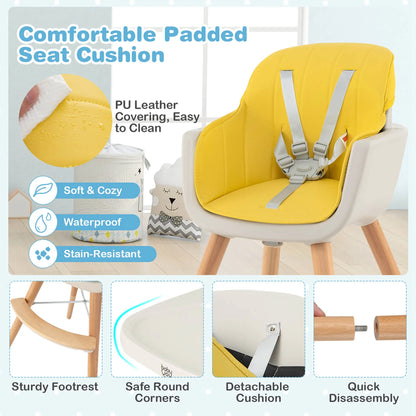 Babyjoy 3 in 1 Convertible Wooden High Chair Toddler Feeding Chair with Cushion Yellow