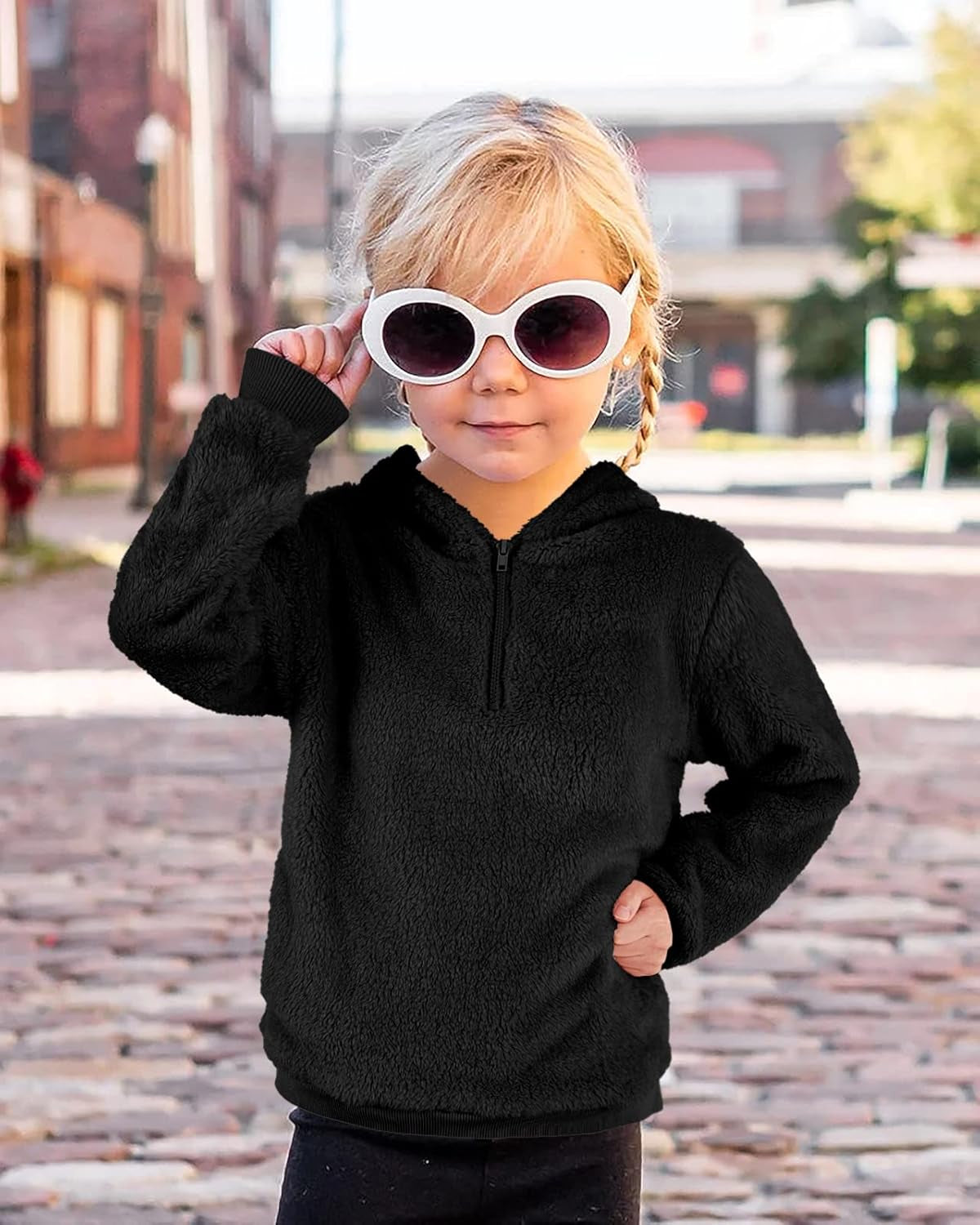 Kids Girl'S Fuzzy Hoodies Zipper Warm Loose Sherpa Hooded Sweatshirt Pullover with Pockets
