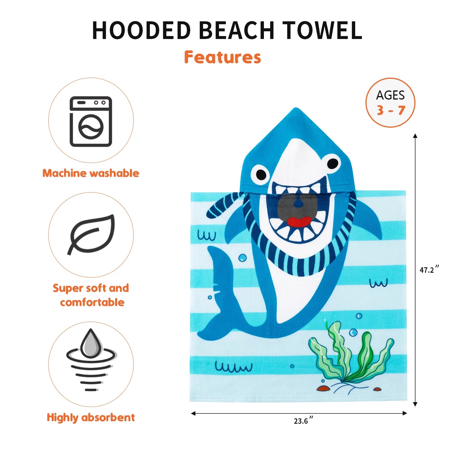 Baby Kids Bath and Beach Hooded Towel Wrap, 24" X 48", Light Blue Shark