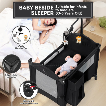 5 in 1 Portable Playard and Bassinet Bedside Sleeper for Newborn to Toddler, Unisex, Black