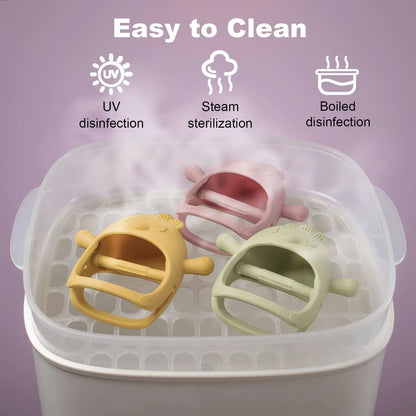 Silicone Baby Teether Toy for Infants 5+ Months, BPA Free Anti-Drop Silicone Mitten Teething Toy for Soothing Sore Gums, Baby Chew Toys for Sucking Needs, Dark Pink+Olive