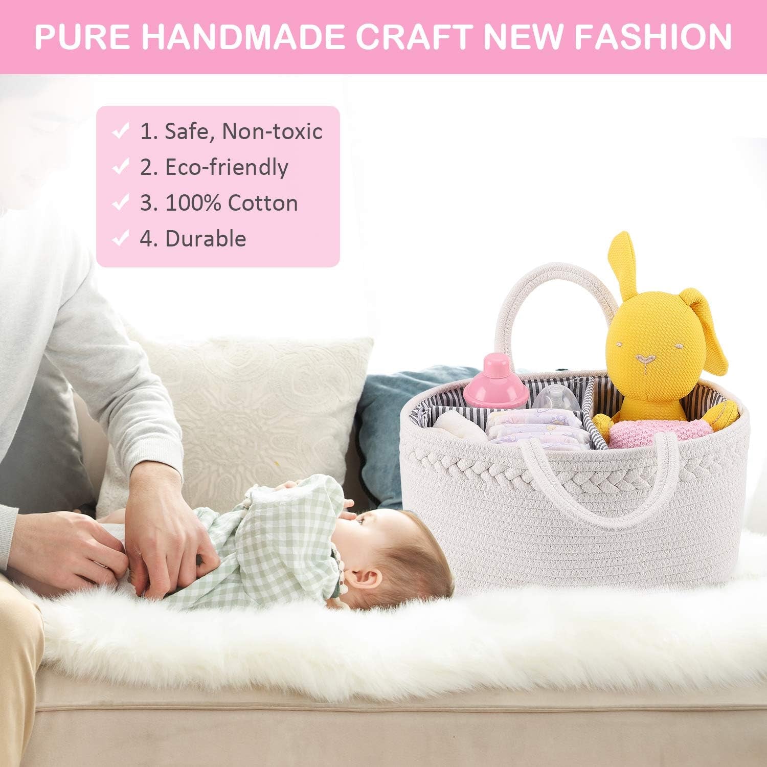 Diaper Caddy Organizer, Cotton Rope Nursery Baby Basket, Changing Table Organizer for Baby Diaper Storage, Diaper Nursery Storage Bin for Baby Stuff, Baby Shower Gifts