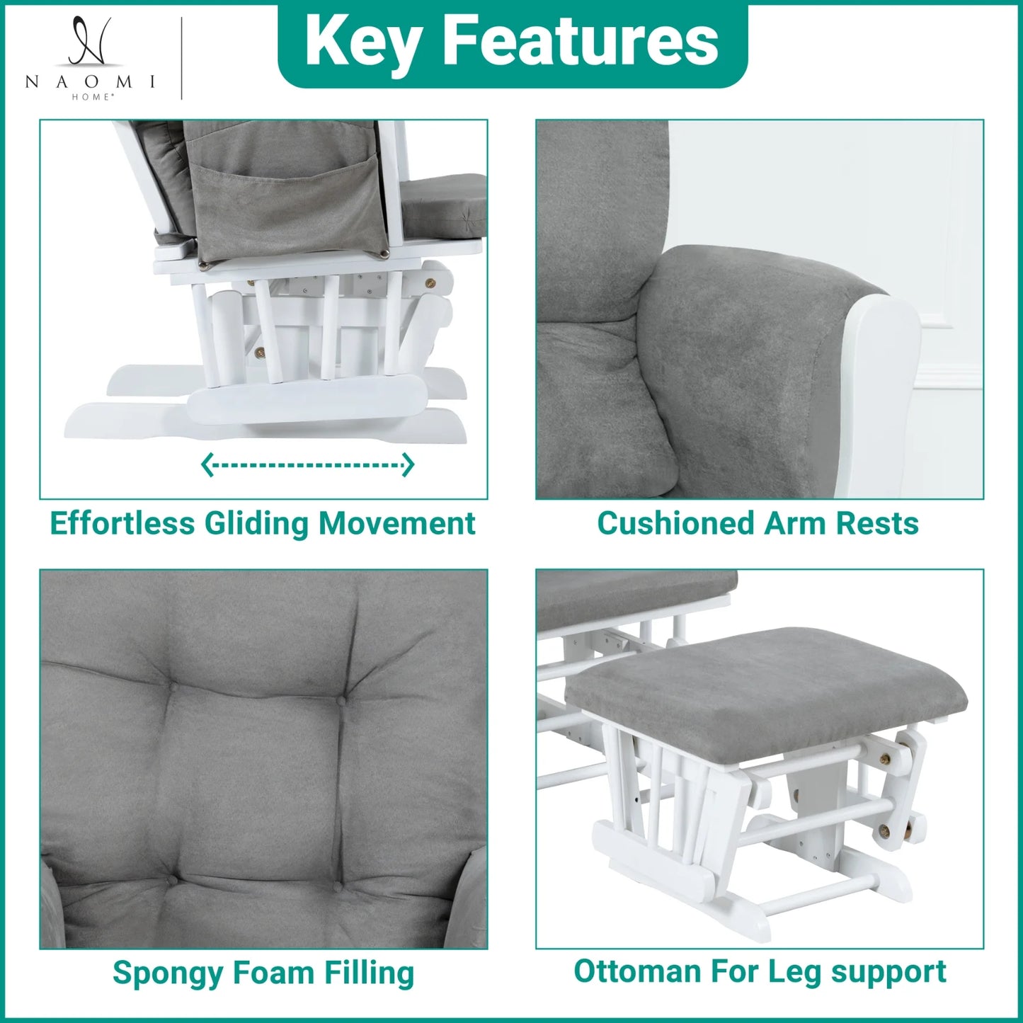 Brisbane Nursery Glider & Ottoman Sets, Glider Recliner Nursery Rocking Chair, Nursery Glider Rocker with Ottoman, Reclining Gliders & Chairs for Breastfeeding, Reading, Napping - White/Dark Gray