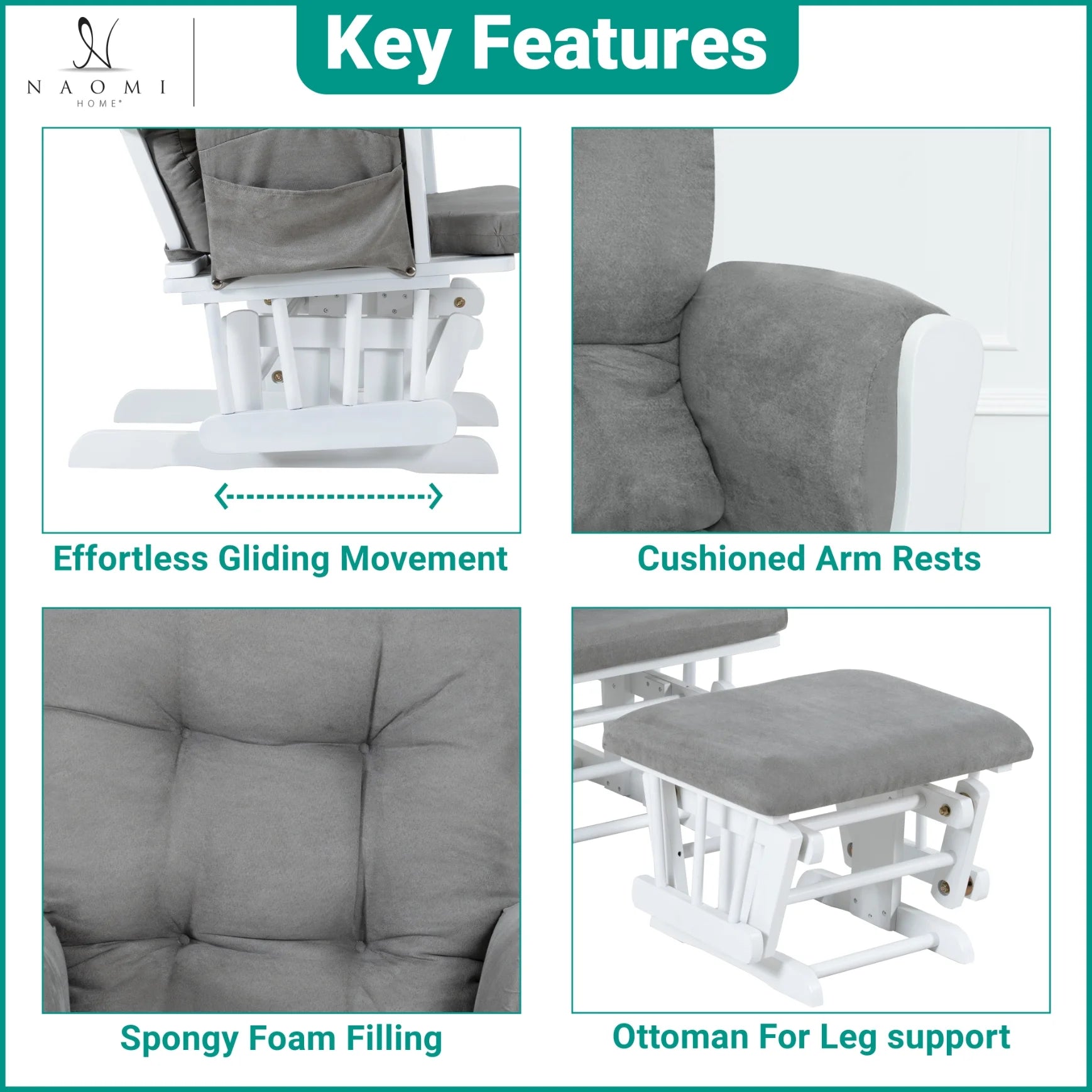 Brisbane Nursery Glider & Ottoman Sets, Glider Recliner Nursery Rocking Chair, Nursery Glider Rocker with Ottoman, Reclining Gliders & Chairs for Breastfeeding, Reading, Napping - White/Dark Gray