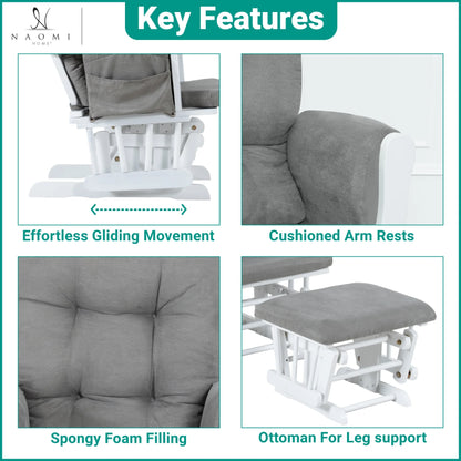Brisbane Nursery Glider & Ottoman Sets, Glider Recliner Nursery Rocking Chair, Nursery Glider Rocker with Ottoman, Reclining Gliders & Chairs for Breastfeeding, Reading, Napping - White/Dark Gray