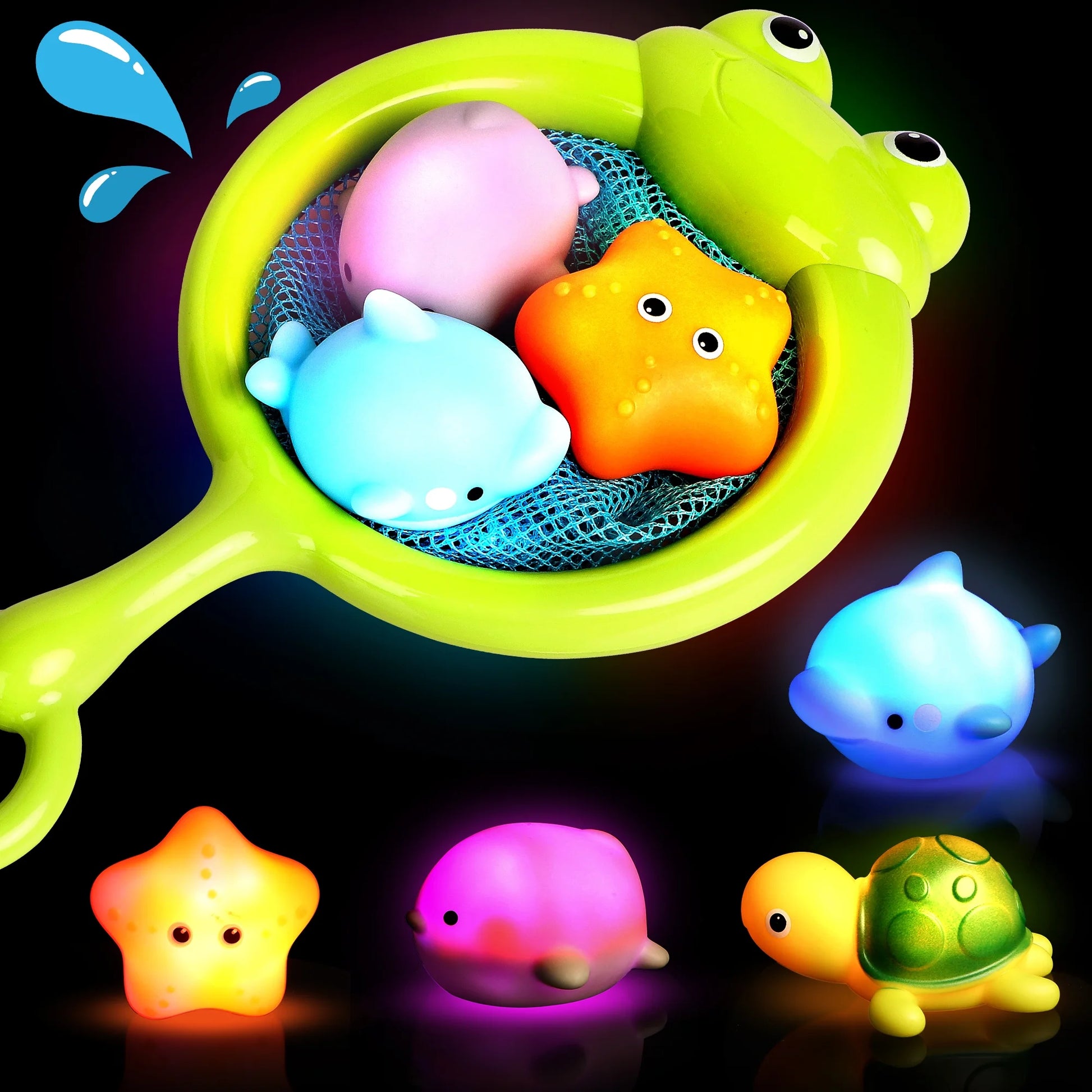 Light up Bath Toys,Toddler Flashing Colourful LED Bathtub Animal Toy with Fishing Net, Bathtub Tub Toy for Toddlers Baby Kids Infant Girls Boys