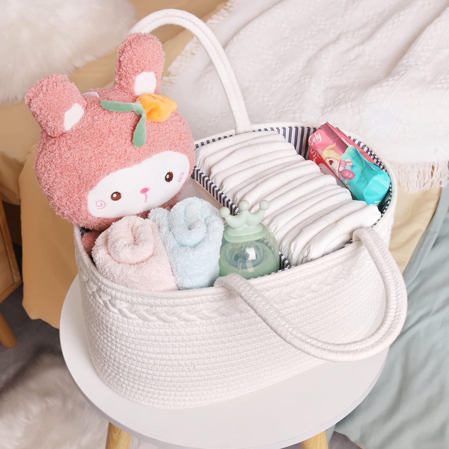 Diaper Caddy Organizer, Cotton Rope Nursery Baby Basket, Changing Table Organizer for Baby Diaper Storage, Diaper Nursery Storage Bin for Baby Stuff, Baby Shower Gifts
