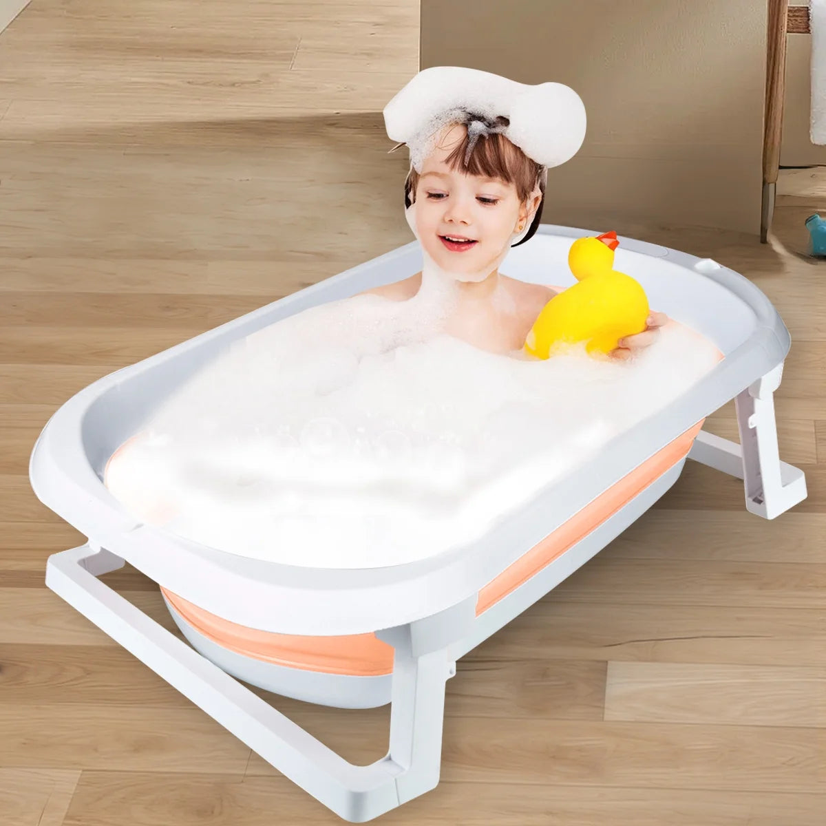 Foldable Baby Bath Tub with Toys, Portable Newborn Infant Bathtub, Pink+Floating Mat